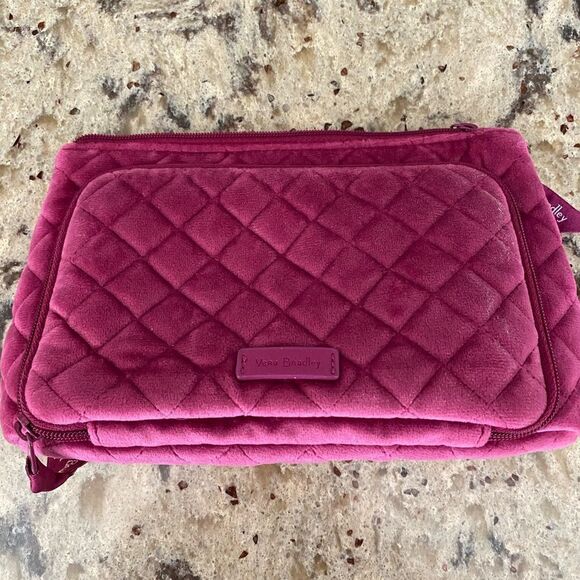 Vera Bradley raspberry velour quilted multi pocket, make up bag - Picture 1 of 4